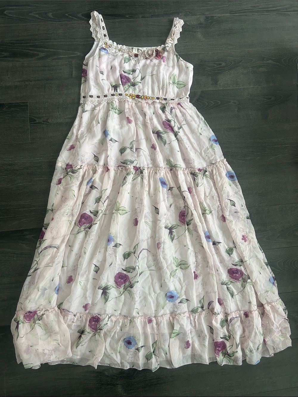 ⁠NWT Pink Mary Floral Chiffon Tiered Maxi Dress Rosette Lace Beaded Coquette M⁠